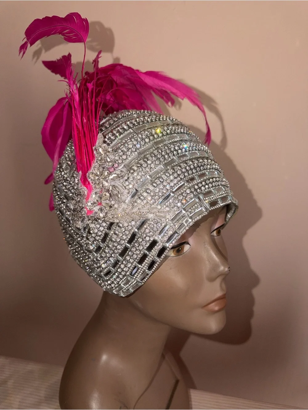 Crystal Beaded Flapper full dome cap with Hot Pink Feathers